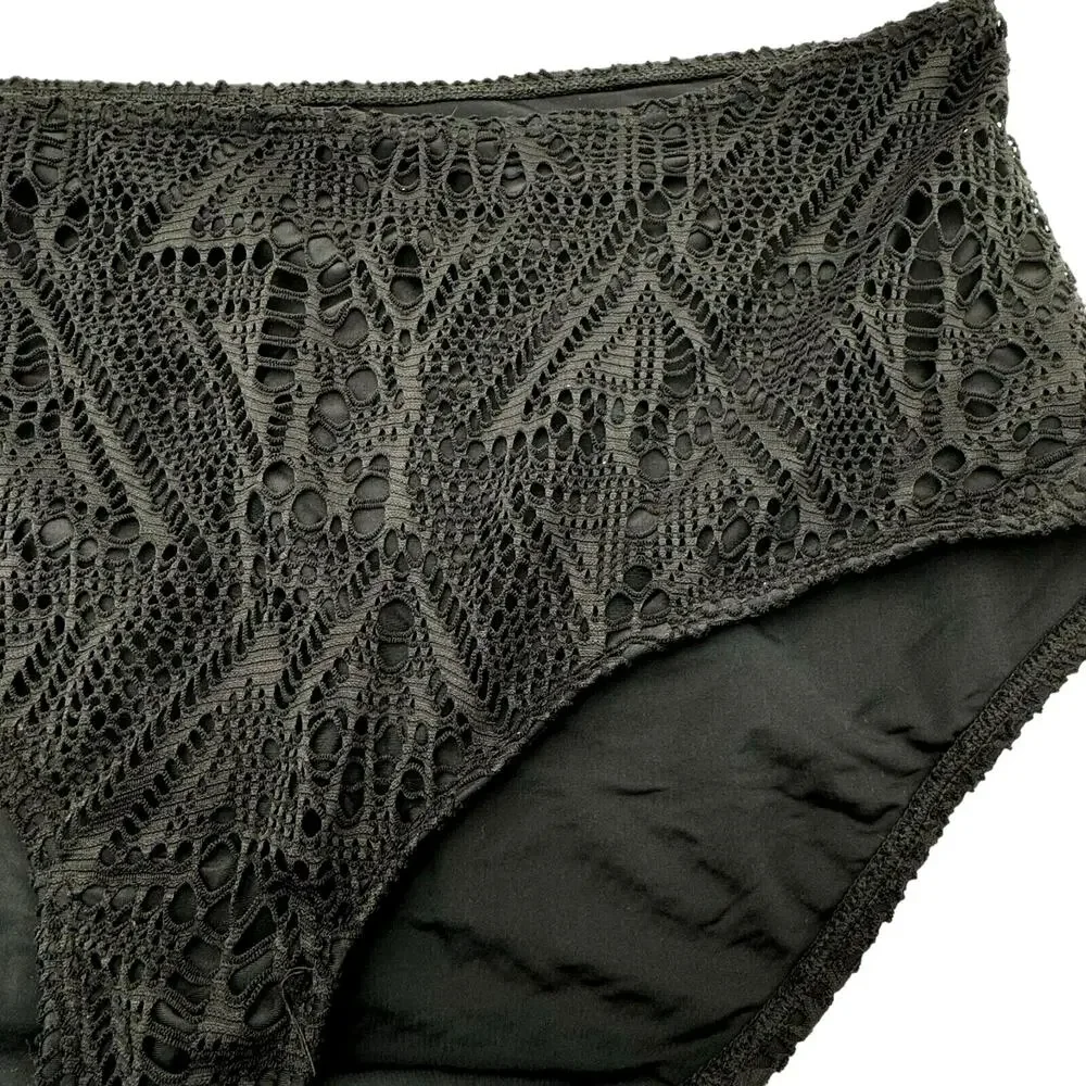 CACIQUE Size 28 Black Crochet Swim Briefs Bikini‎ Bottoms Boho Lined Lane Bryant